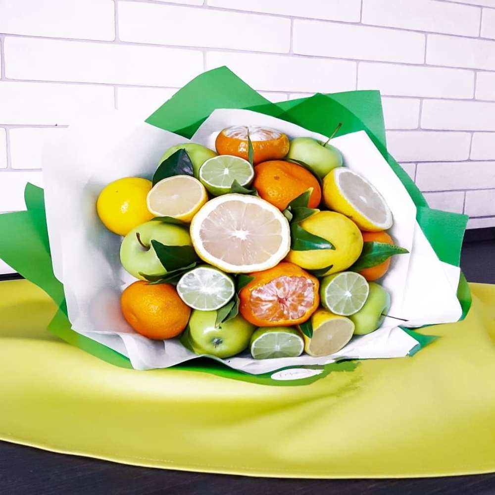 Открытка на каждый день с именем, Фархад Выздоравливай витаминный букет из цитрусовых и яблок Прикольная открытка с пожеланием онлайн скачать бесплатно 