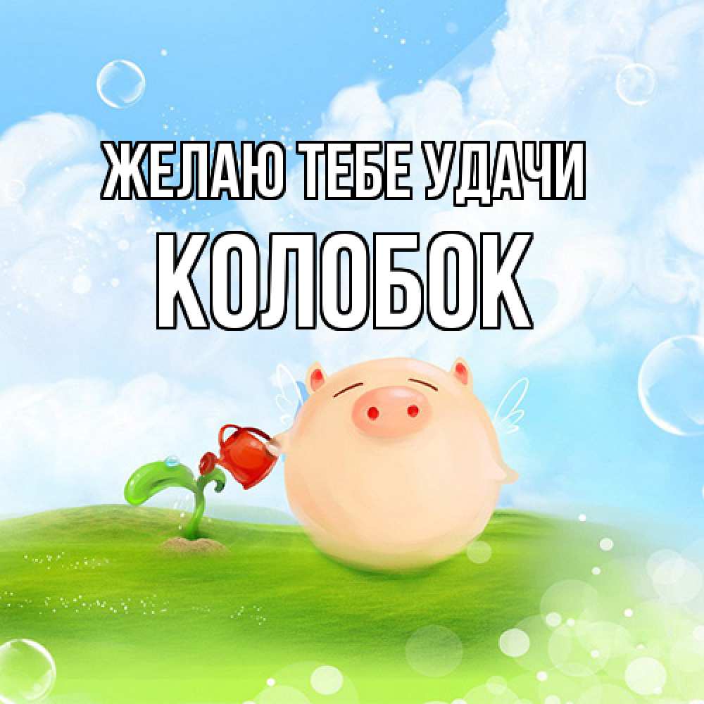 Открытка на каждый день с именем, колобок Желаю тебе удачи поросенок поливает цветок. летнее настроение Прикольная открытка с пожеланием онлайн скачать бесплатно 