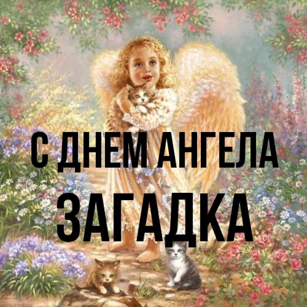 Открытка на каждый день с именем, Загадка С днем ангела держит котенка Прикольная открытка с пожеланием онлайн скачать бесплатно 
