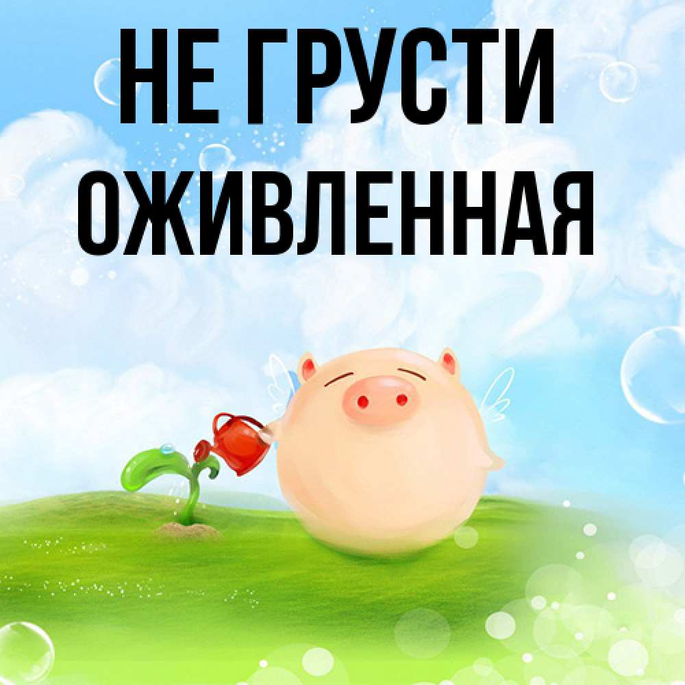 Открытка на каждый день с именем, Оживленная Не грусти поливает цветок порося Прикольная открытка с пожеланием онлайн скачать бесплатно 