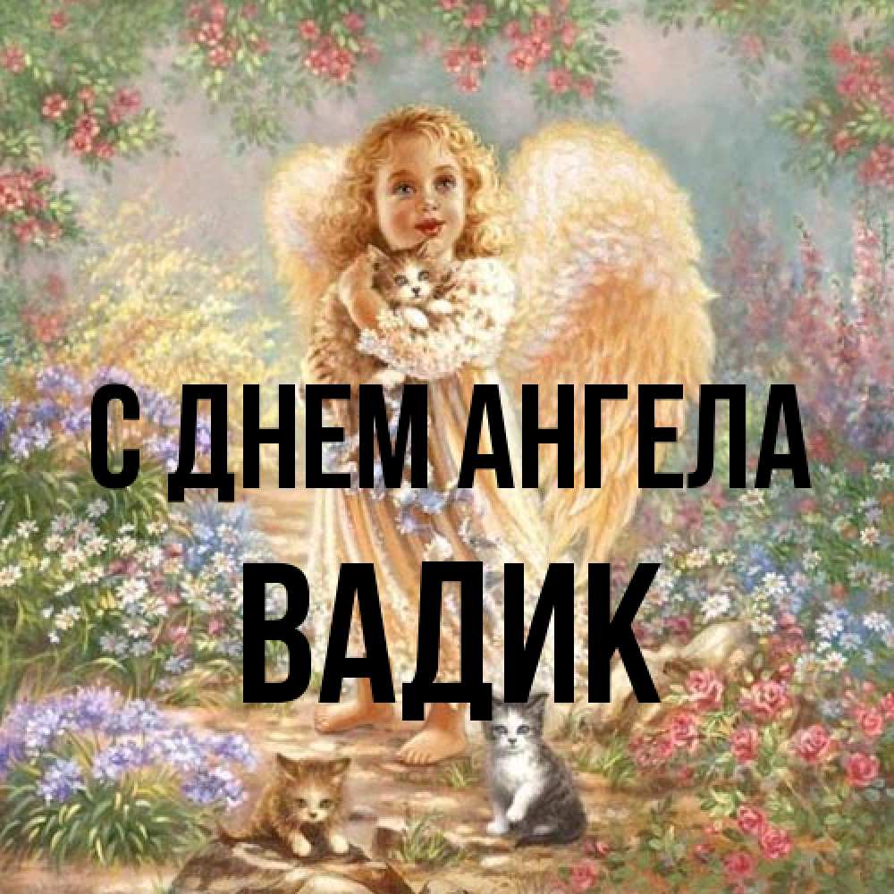 Открытка на каждый день с именем, Вадик С днем ангела держит котенка Прикольная открытка с пожеланием онлайн скачать бесплатно 