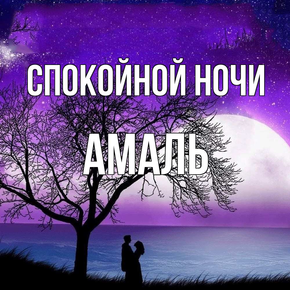 Открытка на каждый день с именем, Амаль Спокойной ночи огромная луна и парочка Прикольная открытка с пожеланием онлайн скачать бесплатно 