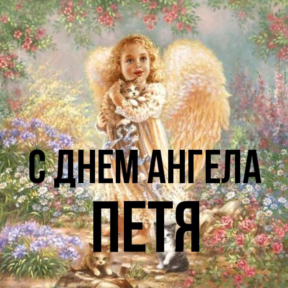 Открытка на каждый день с именем, Петя С днем ангела держит котенка Прикольная открытка с пожеланием онлайн скачать бесплатно 