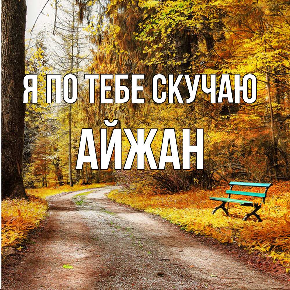 Открытка на каждый день с именем, Айжан Я по тебе скучаю зеленая лавочка и осенний лес Прикольная открытка с пожеланием онлайн скачать бесплатно 