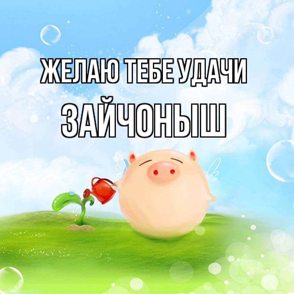 Открытка на каждый день с именем, зайчоныш Желаю тебе удачи поросенок поливает цветок. летнее настроение Прикольная открытка с пожеланием онлайн скачать бесплатно 