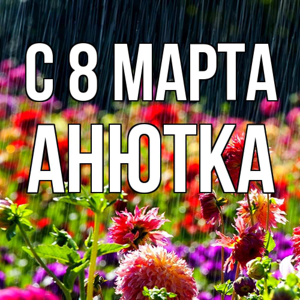 Открытка на каждый день с именем, Анютка C 8 МАРТА цветы под дождиком к международному женскому дню Прикольная открытка с пожеланием онлайн скачать бесплатно 