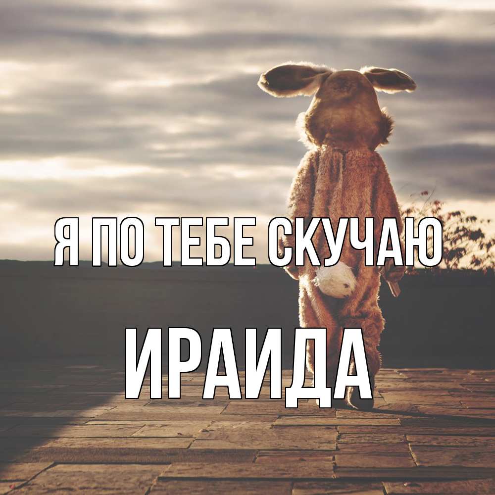 Открытка на каждый день с именем, Ираида Я по тебе скучаю даже в костюме зайца Прикольная открытка с пожеланием онлайн скачать бесплатно 