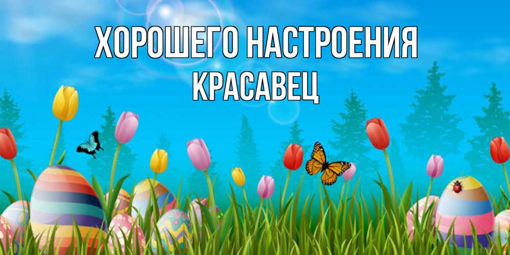 Открытка на каждый день с именем, Красавец Хорошего настроения небо и тюльпаны с бабочкой Прикольная открытка с пожеланием онлайн скачать бесплатно 