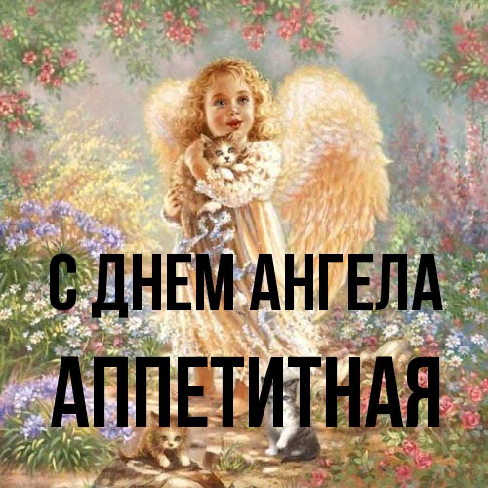Открытка на каждый день с именем, аппетитная С днем ангела держит котенка Прикольная открытка с пожеланием онлайн скачать бесплатно 