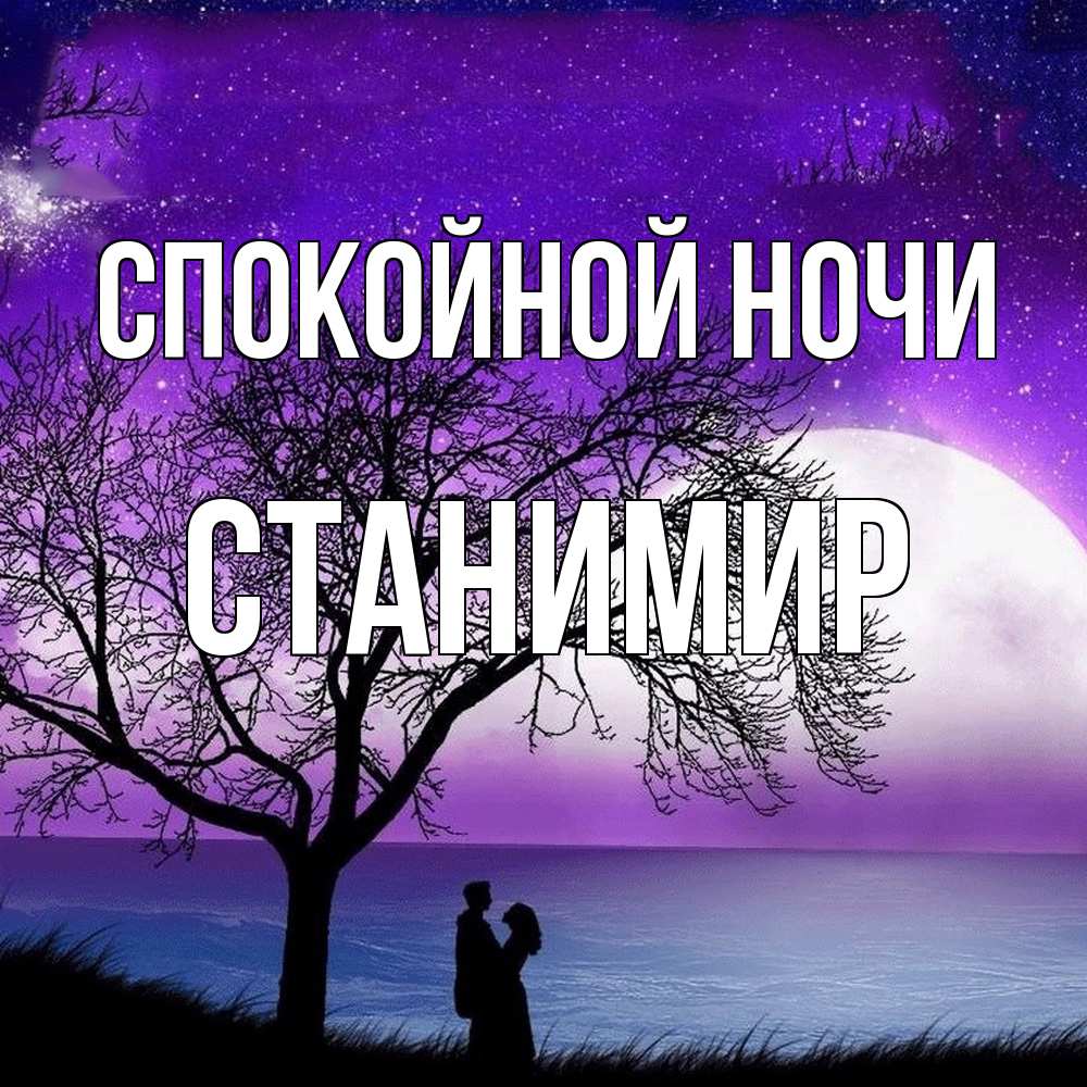 Открытка на каждый день с именем, Станимир Спокойной ночи огромная луна и парочка Прикольная открытка с пожеланием онлайн скачать бесплатно 