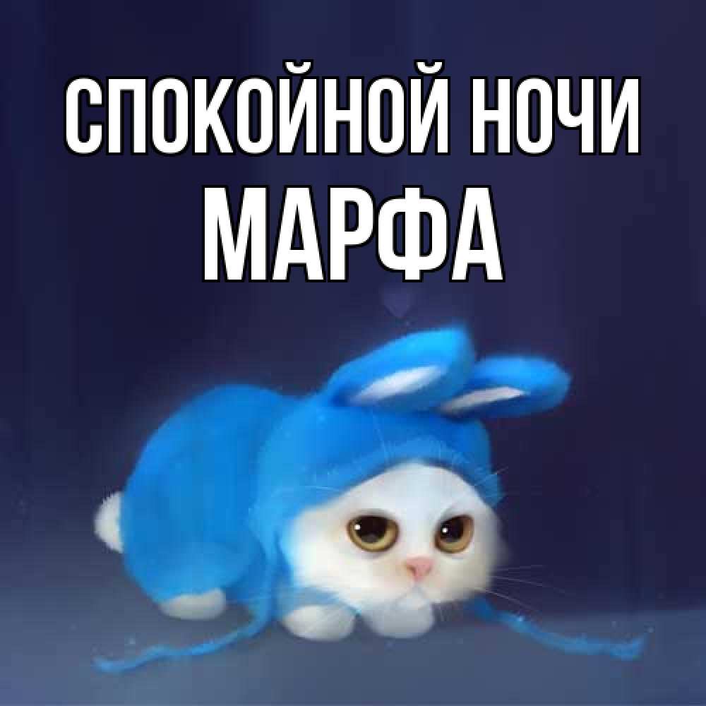 Открытка на каждый день с именем, Марфа Спокойной ночи кот в голубом костюме кролика с ушками Прикольная открытка с пожеланием онлайн скачать бесплатно 