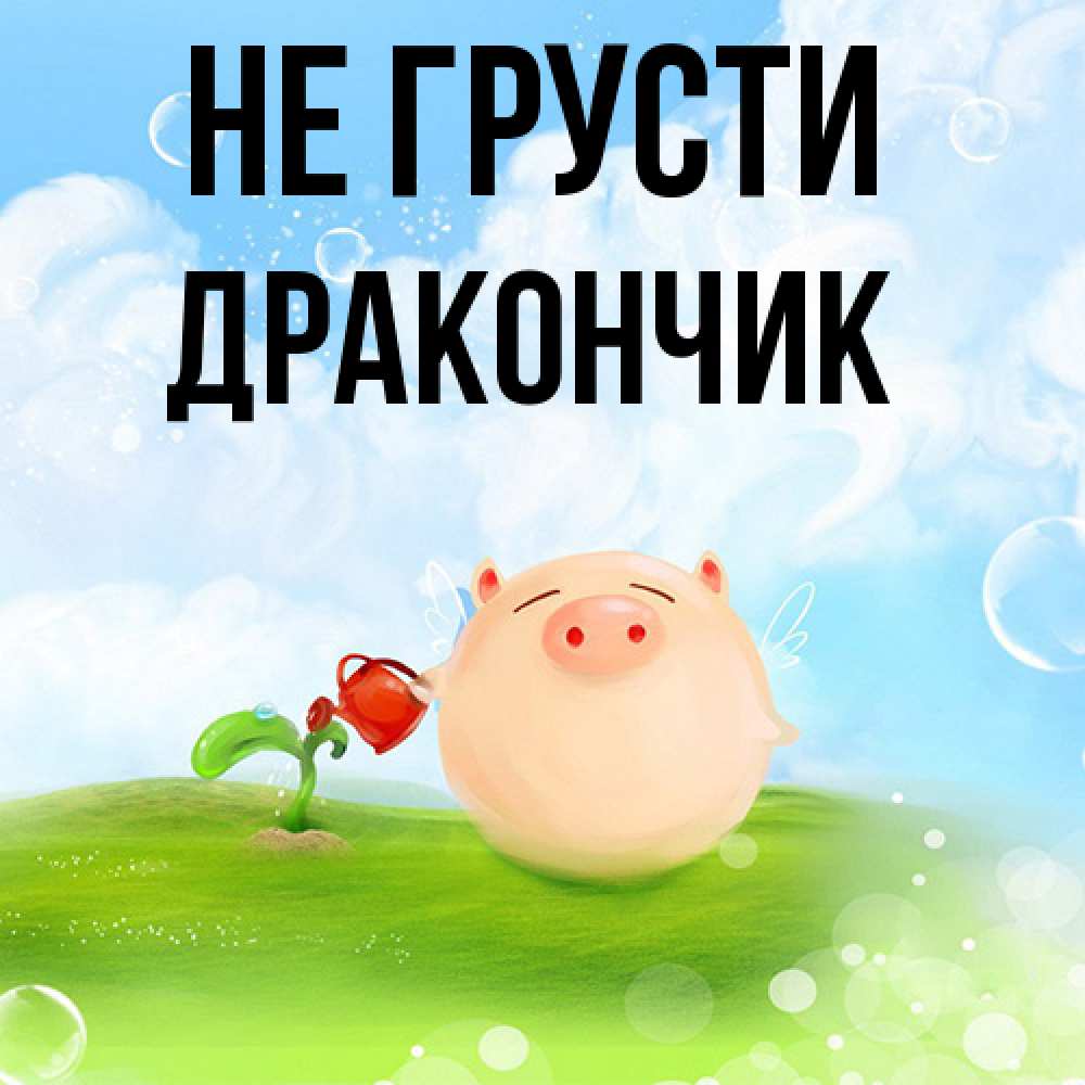 Открытка на каждый день с именем, Дракончик Не грусти поливает цветок порося Прикольная открытка с пожеланием онлайн скачать бесплатно 