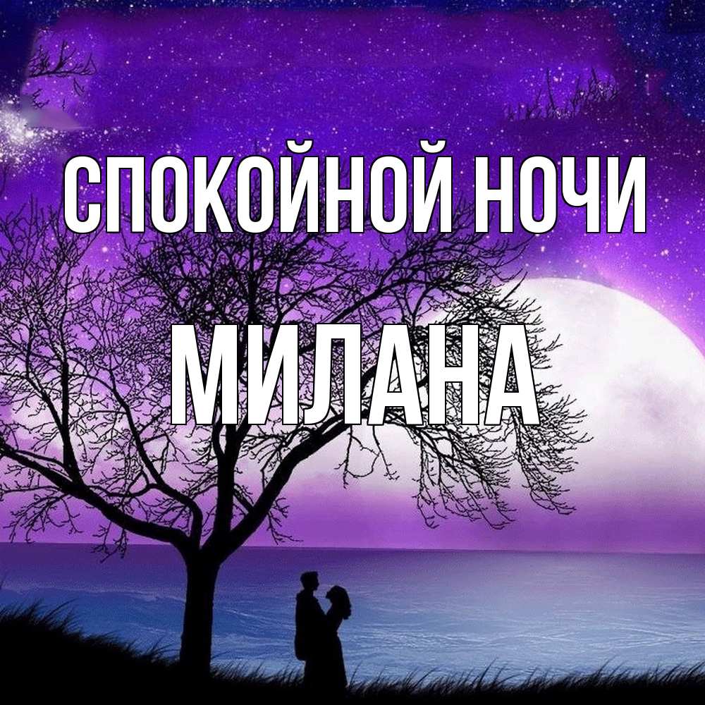 Открытка на каждый день с именем, Милана Спокойной ночи огромная луна и парочка Прикольная открытка с пожеланием онлайн скачать бесплатно 