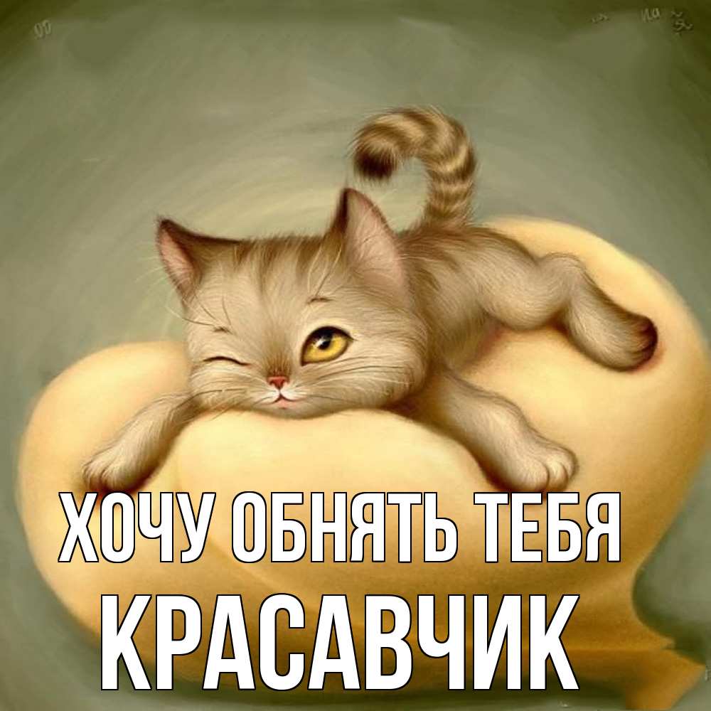 Открытка на каждый день с именем, Красавчик Хочу обнять тебя кошечка Прикольная открытка с пожеланием онлайн скачать бесплатно 