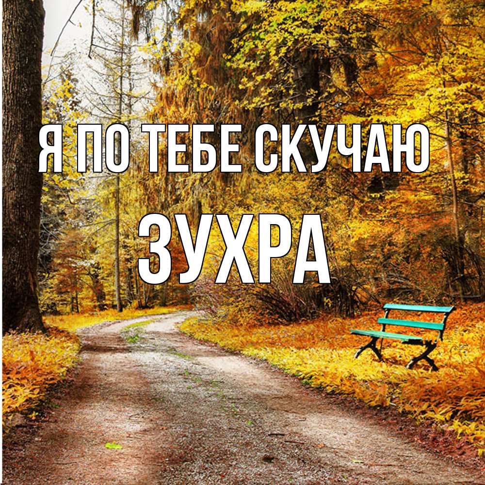 Открытка на каждый день с именем, Зухра Я по тебе скучаю зеленая лавочка и осенний лес Прикольная открытка с пожеланием онлайн скачать бесплатно 