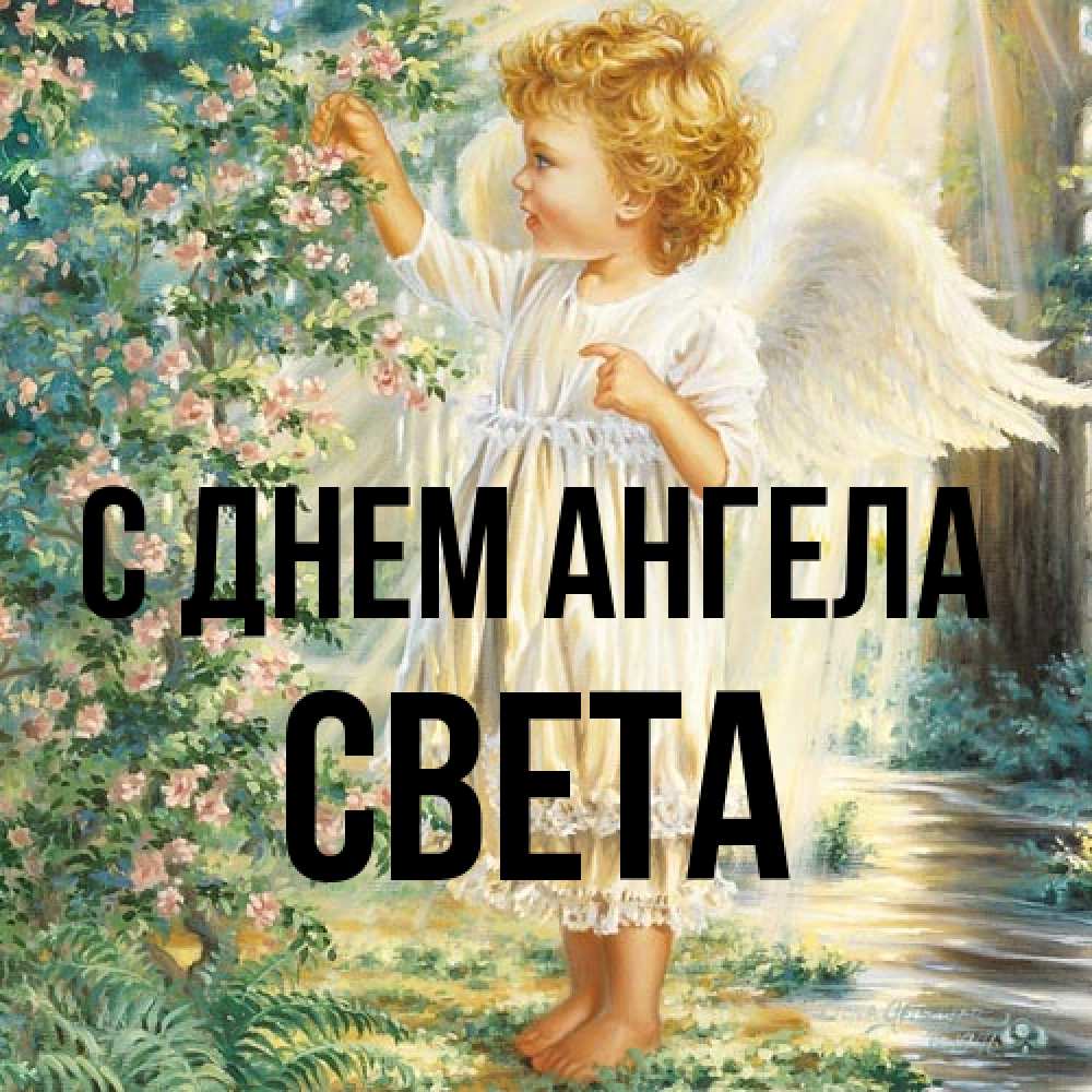 Открытка на каждый день с именем, Света С днем ангела собирает цветы Прикольная открытка с пожеланием онлайн скачать бесплатно 