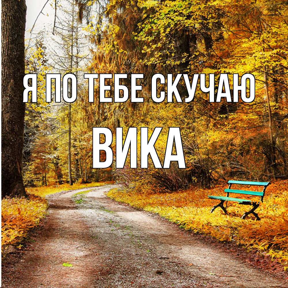 Открытка на каждый день с именем, Вика Я по тебе скучаю зеленая лавочка и осенний лес Прикольная открытка с пожеланием онлайн скачать бесплатно 