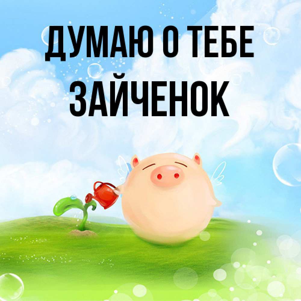 Открытка на каждый день с именем, Зайченок Думаю о тебе позитивная свинюшка Прикольная открытка с пожеланием онлайн скачать бесплатно 