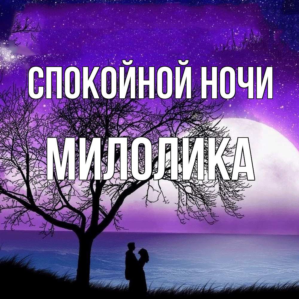 Открытка на каждый день с именем, Милолика Спокойной ночи огромная луна и парочка Прикольная открытка с пожеланием онлайн скачать бесплатно 