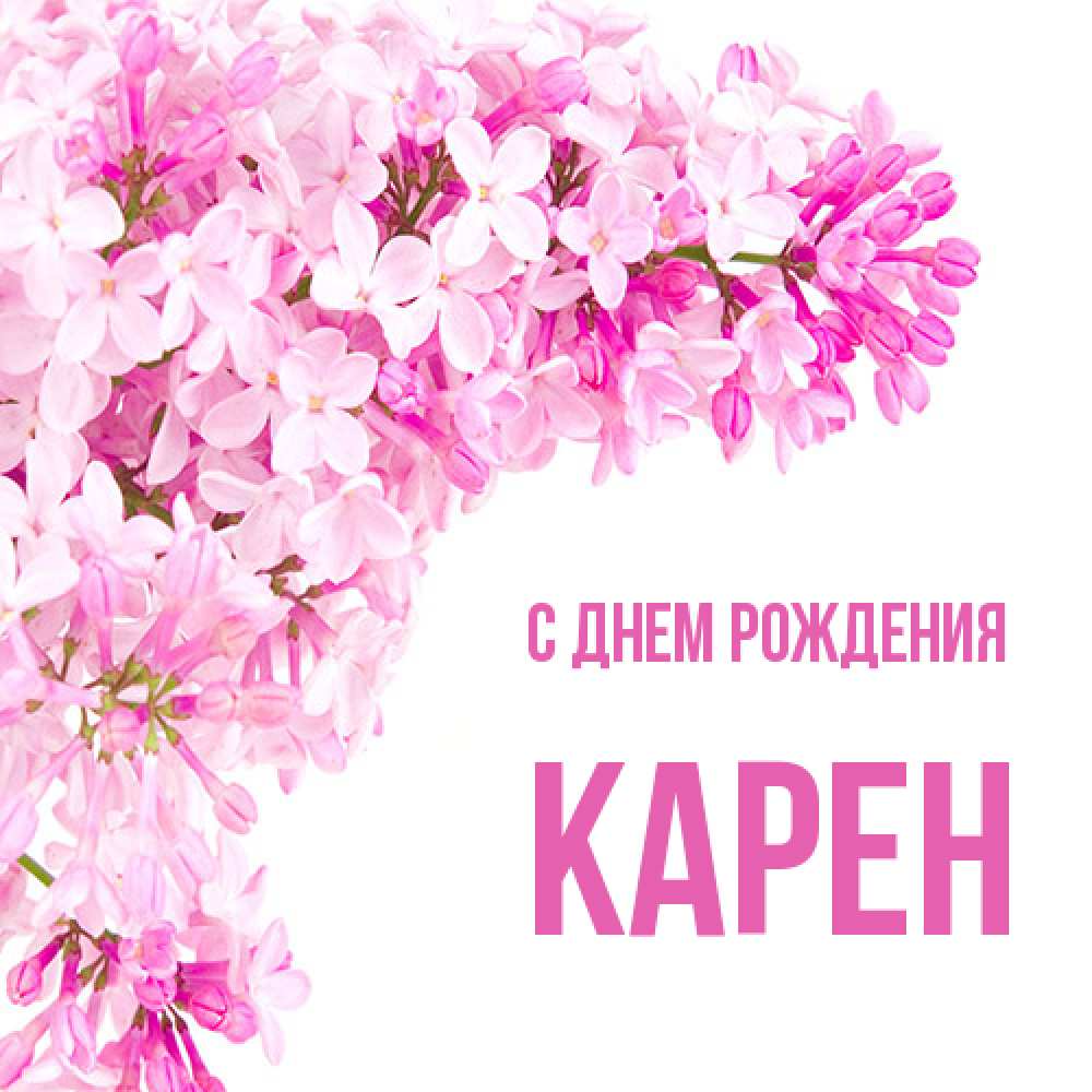 Открытка на каждый день с именем, Карен С днем рождения Сирень на белом фоне Прикольная открытка с пожеланием онлайн скачать бесплатно 