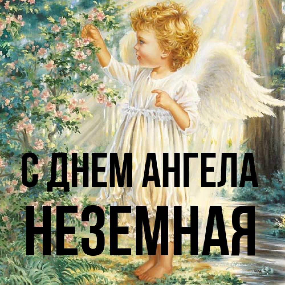 Открытка на каждый день с именем, неземная С днем ангела собирает цветы Прикольная открытка с пожеланием онлайн скачать бесплатно 