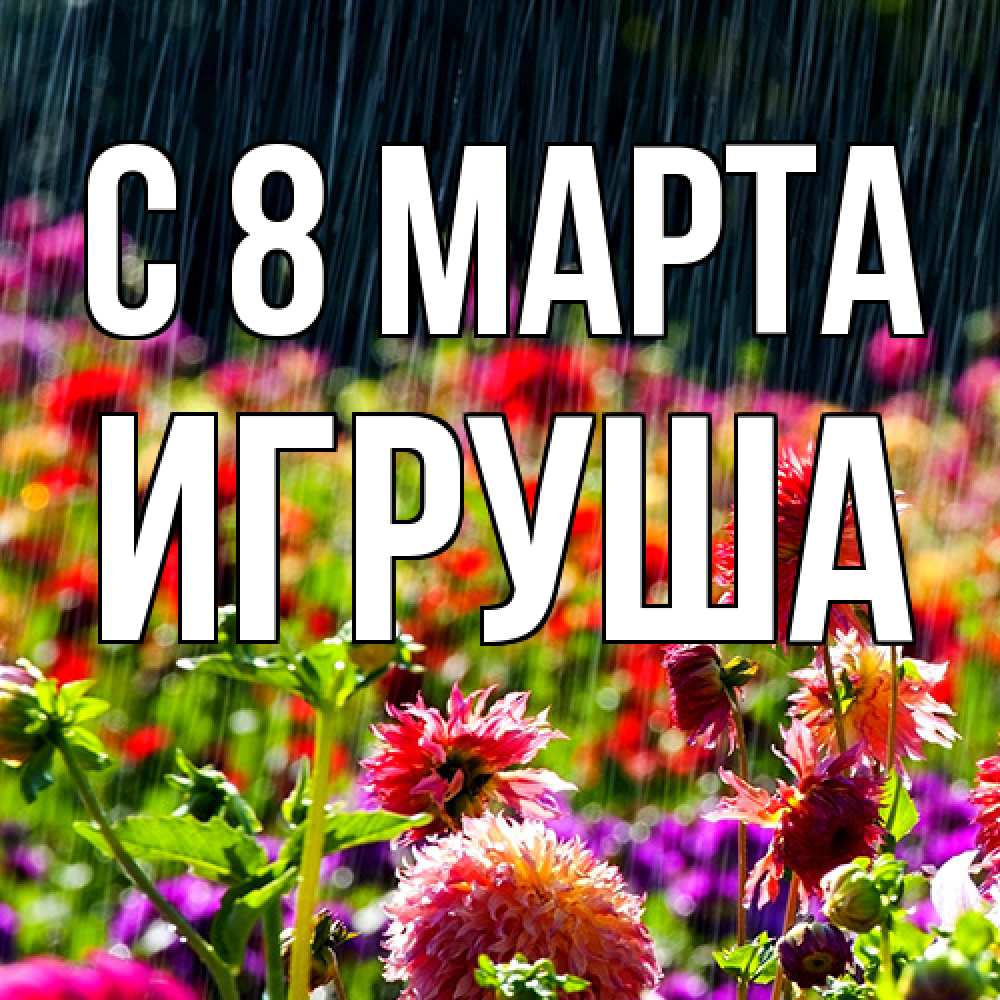 Открытка на каждый день с именем, Игруша C 8 МАРТА цветы под дождиком к международному женскому дню Прикольная открытка с пожеланием онлайн скачать бесплатно 