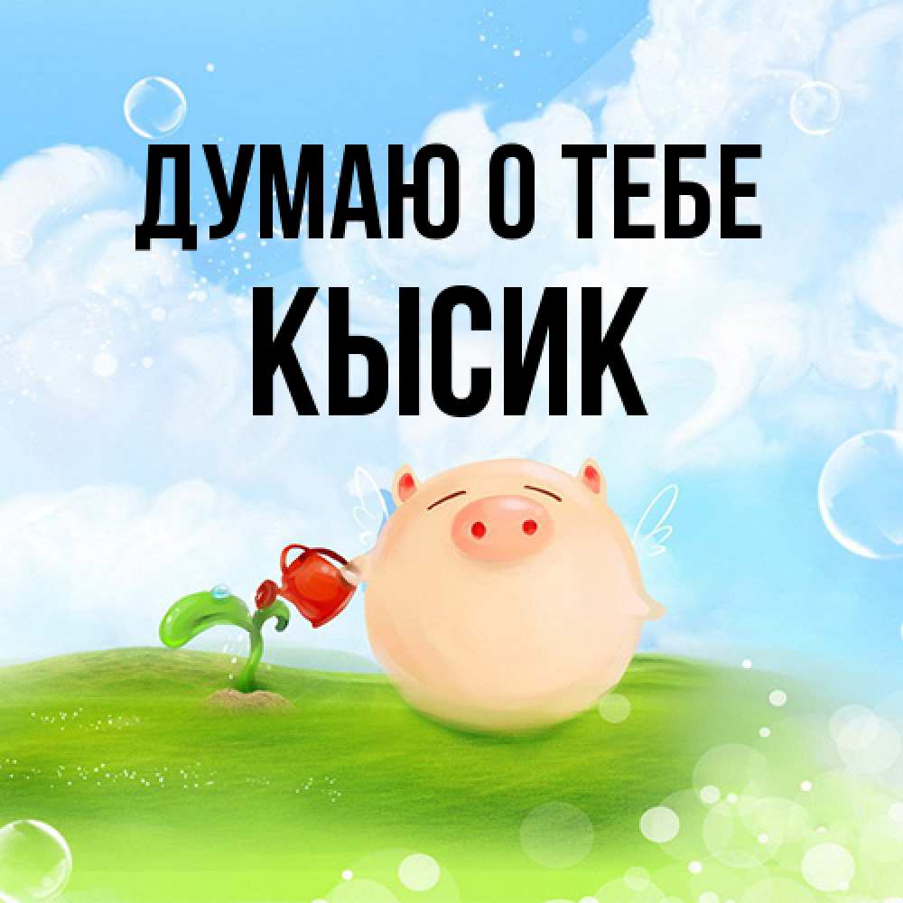 Открытка на каждый день с именем, Кысик Думаю о тебе позитивная свинюшка Прикольная открытка с пожеланием онлайн скачать бесплатно 