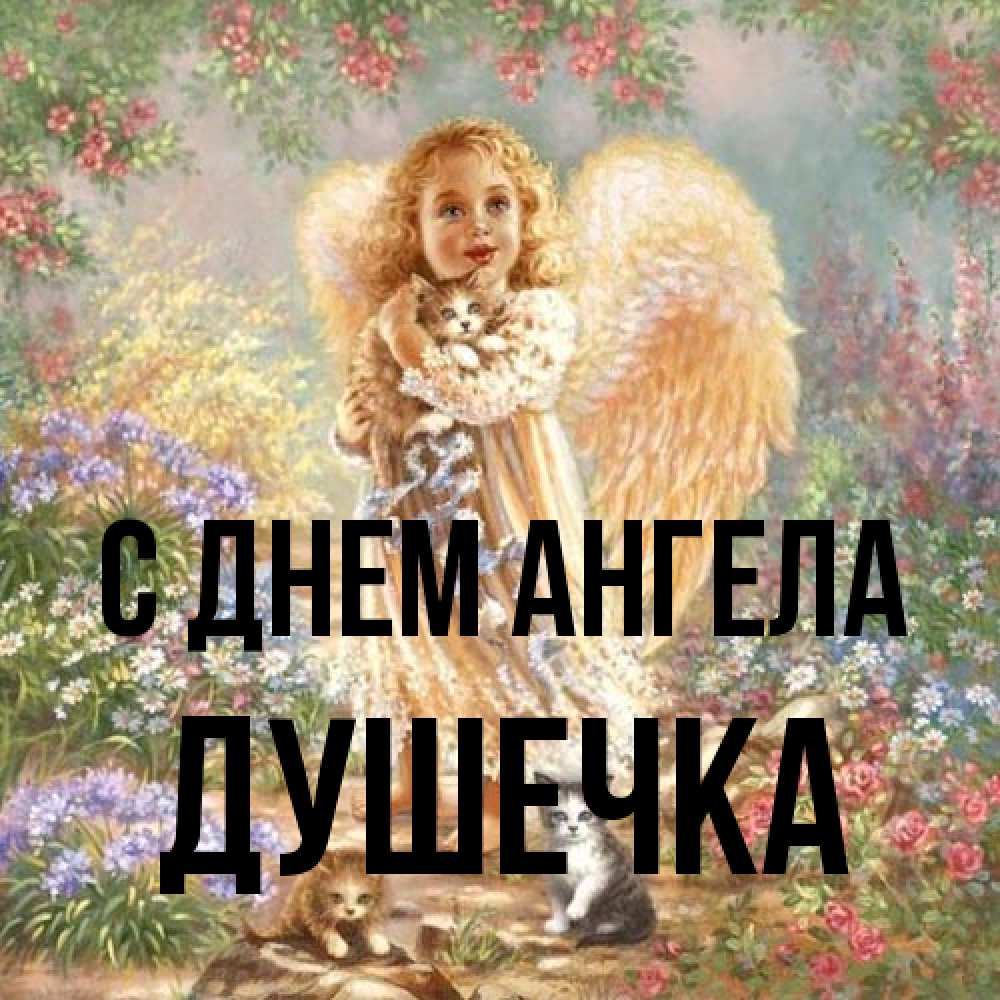 Открытка на каждый день с именем, душечка С днем ангела держит котенка Прикольная открытка с пожеланием онлайн скачать бесплатно 