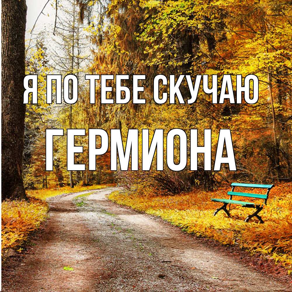 Открытка на каждый день с именем, Гермиона Я по тебе скучаю зеленая лавочка и осенний лес Прикольная открытка с пожеланием онлайн скачать бесплатно 