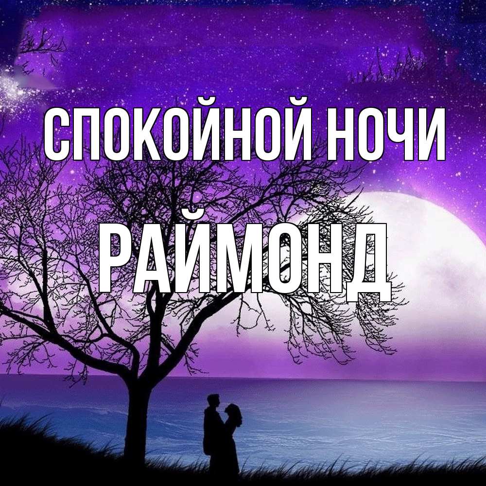 Открытка на каждый день с именем, Раймонд Спокойной ночи огромная луна и парочка Прикольная открытка с пожеланием онлайн скачать бесплатно 