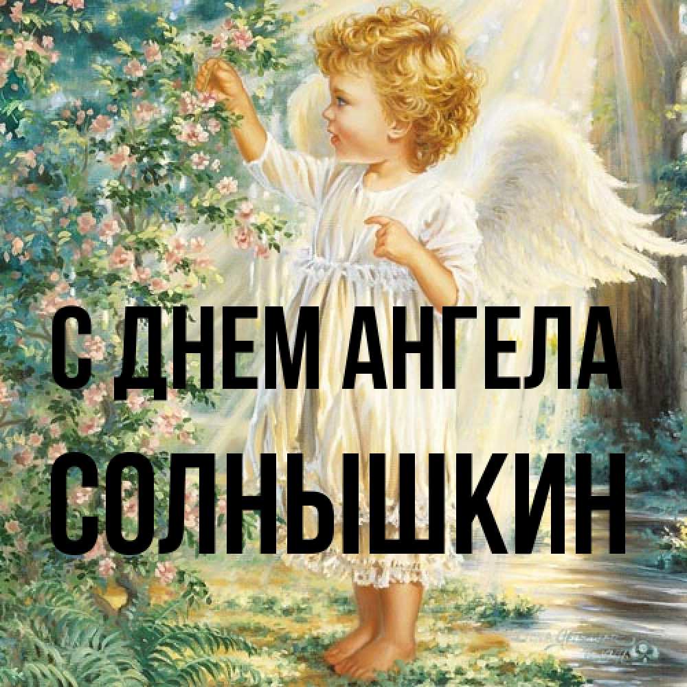 Открытка на каждый день с именем, Солнышкин С днем ангела собирает цветы Прикольная открытка с пожеланием онлайн скачать бесплатно 
