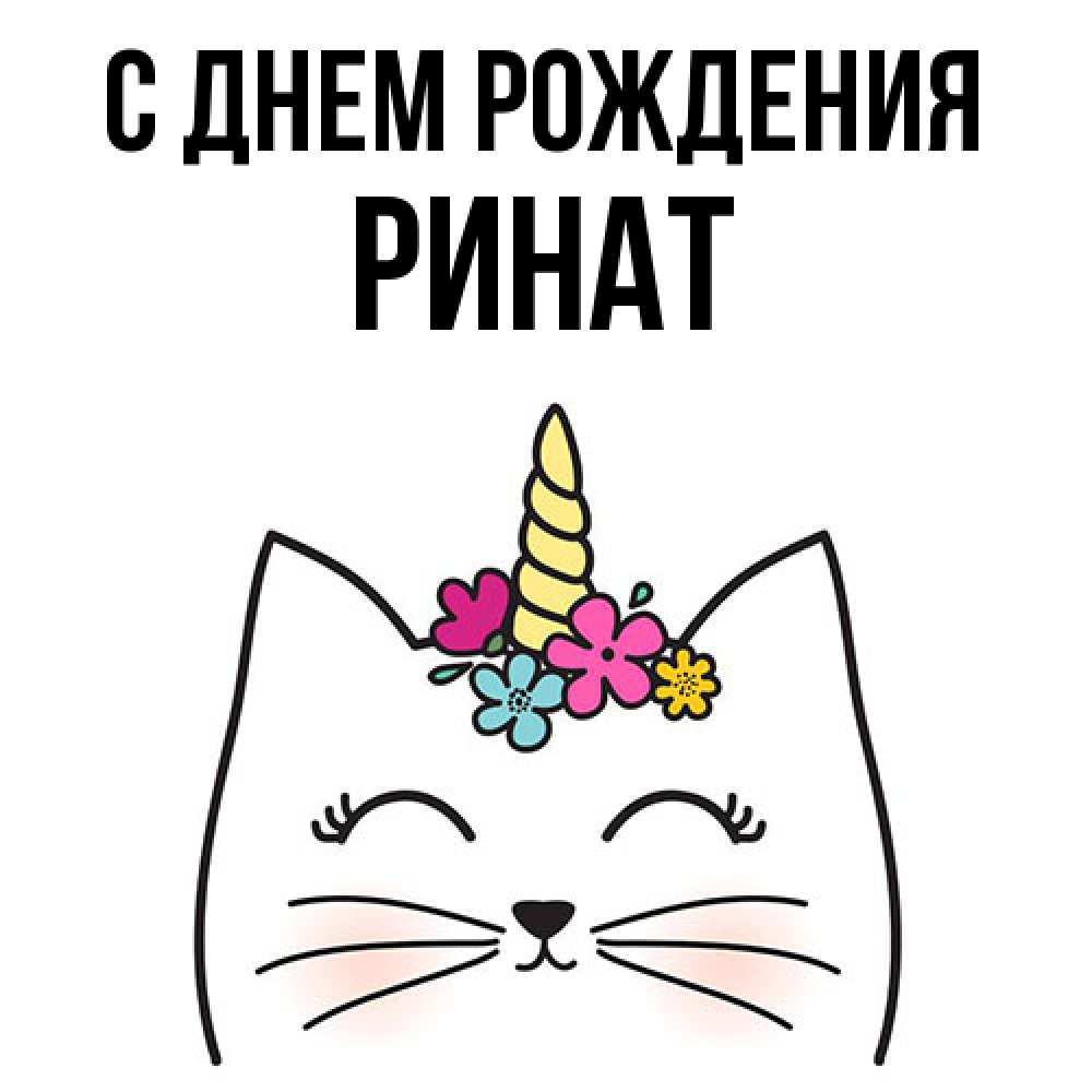 Открытка на каждый день с именем, Ринат С днем рождения милый кот с одним рожком Прикольная открытка с пожеланием онлайн скачать бесплатно 