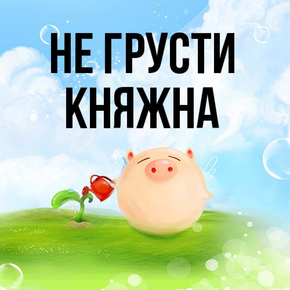 Открытка на каждый день с именем, Княжна Не грусти поливает цветок порося Прикольная открытка с пожеланием онлайн скачать бесплатно 
