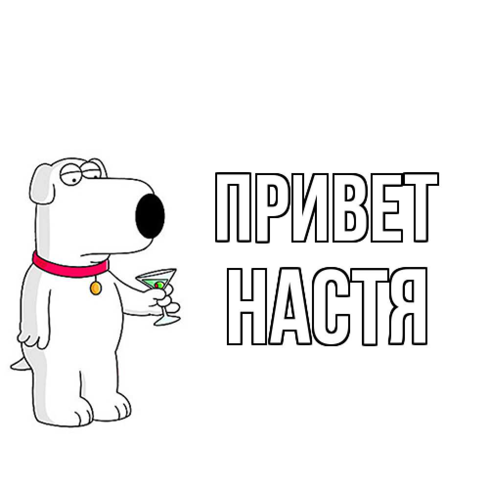 Открытка на каждый день с именем, Настя Привет собака и коктейль Прикольная открытка с пожеланием онлайн скачать бесплатно 