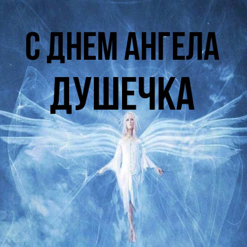 Открытка на каждый день с именем, душечка С днем ангела голубой фон и крылья как у стрекозы Прикольная открытка с пожеланием онлайн скачать бесплатно 
