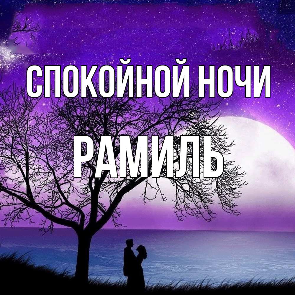 Открытка на каждый день с именем, Рамиль Спокойной ночи огромная луна и парочка Прикольная открытка с пожеланием онлайн скачать бесплатно 