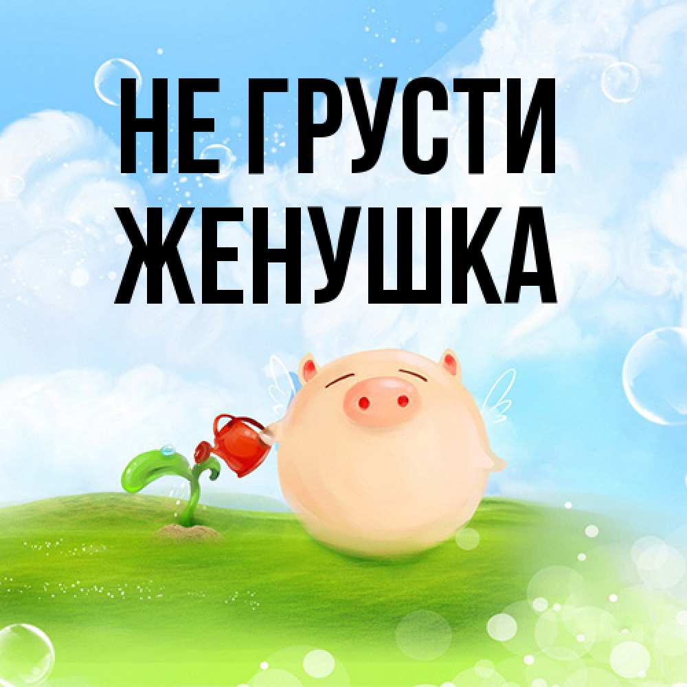 Открытка на каждый день с именем, женушка Не грусти поливает цветок порося Прикольная открытка с пожеланием онлайн скачать бесплатно 