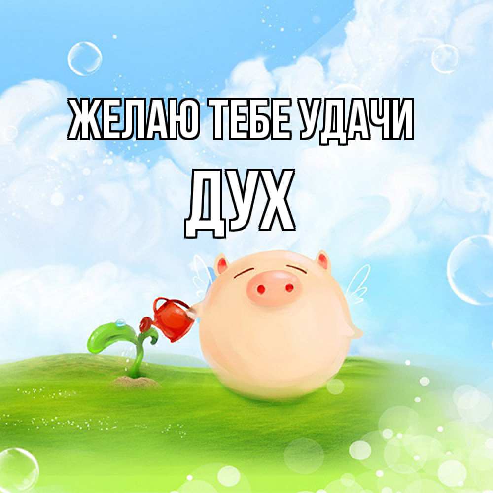 Открытка на каждый день с именем, Дух Желаю тебе удачи поросенок поливает цветок. летнее настроение Прикольная открытка с пожеланием онлайн скачать бесплатно 