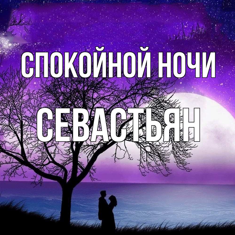Открытка на каждый день с именем, Севастьян Спокойной ночи огромная луна и парочка Прикольная открытка с пожеланием онлайн скачать бесплатно 