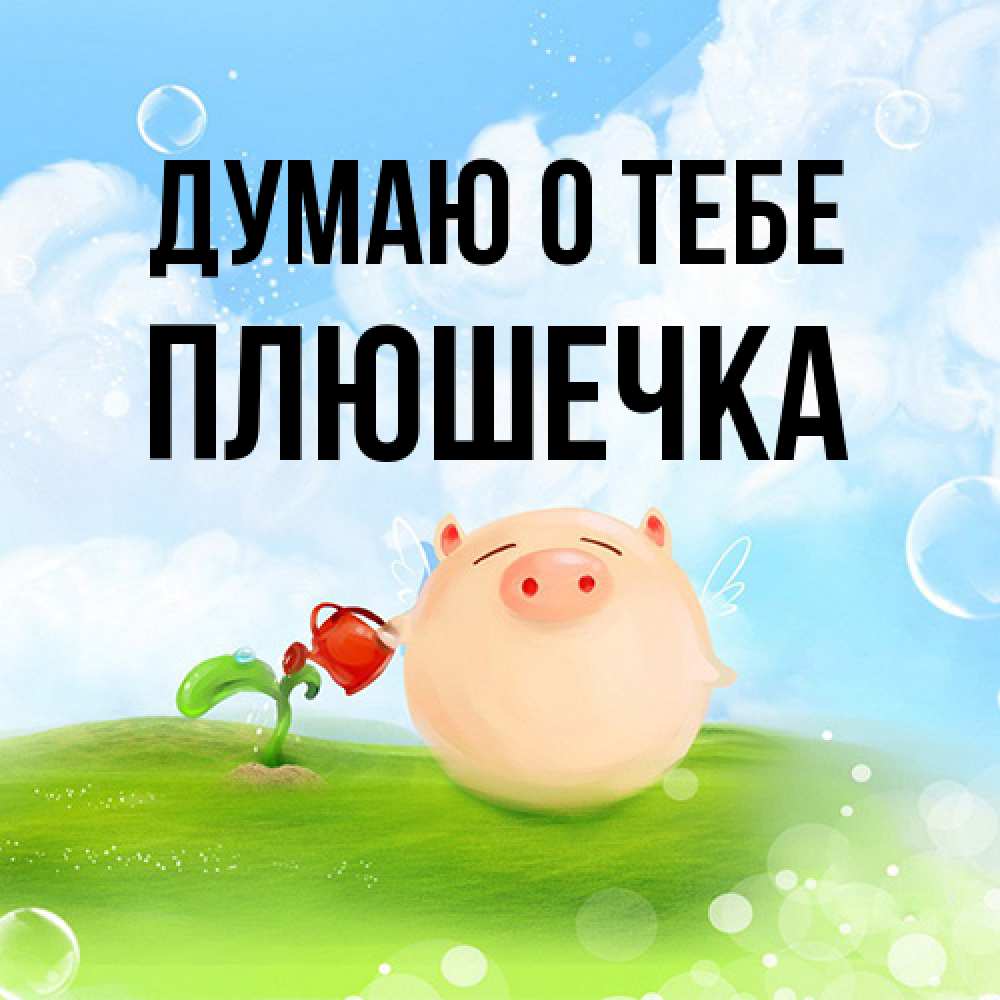 Открытка на каждый день с именем, Плюшечка Думаю о тебе позитивная свинюшка Прикольная открытка с пожеланием онлайн скачать бесплатно 