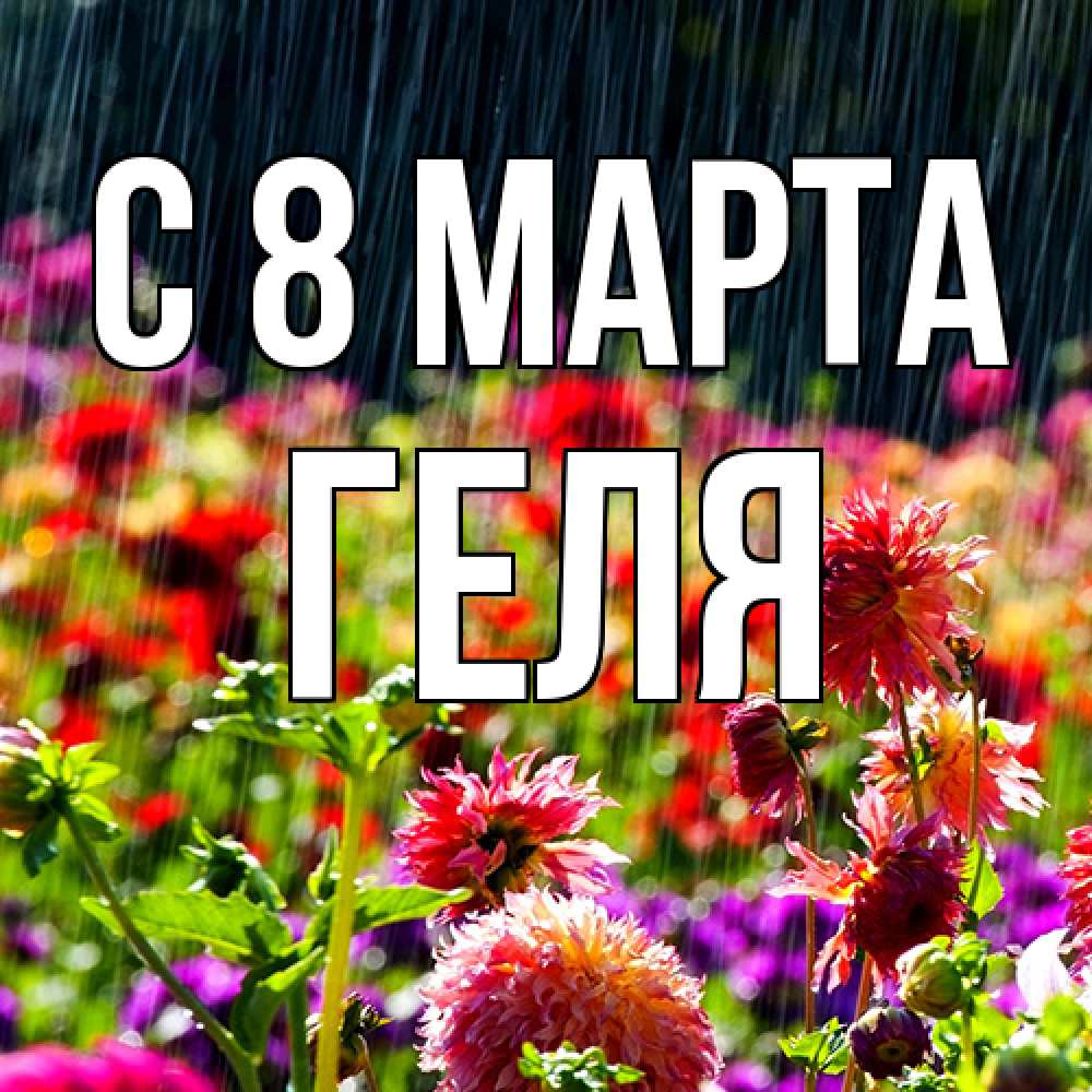 Открытка на каждый день с именем, Геля C 8 МАРТА цветы под дождиком к международному женскому дню Прикольная открытка с пожеланием онлайн скачать бесплатно 
