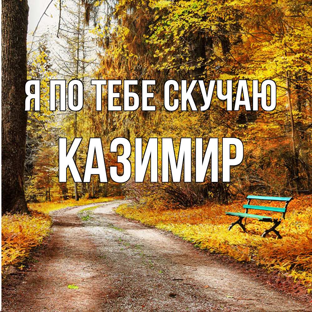 Открытка на каждый день с именем, Казимир Я по тебе скучаю зеленая лавочка и осенний лес Прикольная открытка с пожеланием онлайн скачать бесплатно 