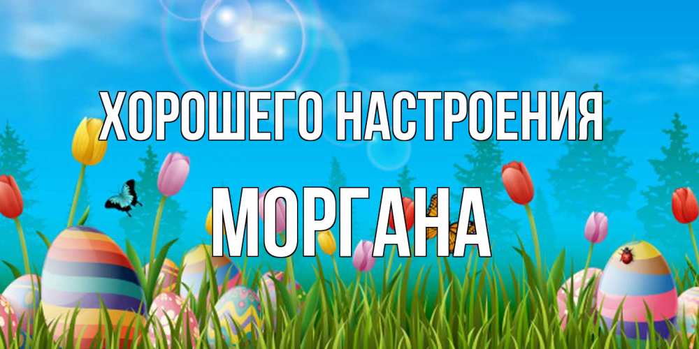 Открытка на каждый день с именем, Моргана Хорошего настроения небо и тюльпаны с бабочкой Прикольная открытка с пожеланием онлайн скачать бесплатно 