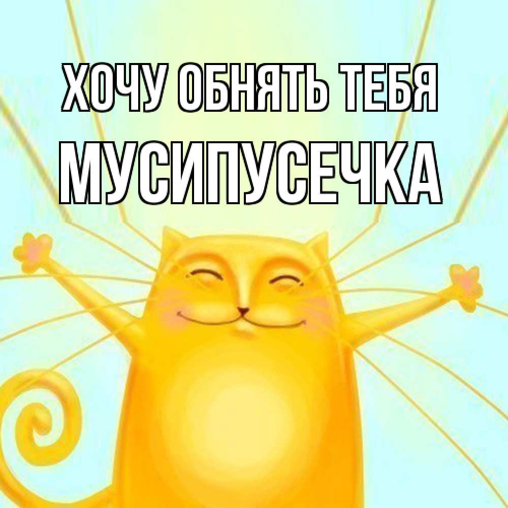 Открытка на каждый день с именем, Мусипусечка Хочу обнять тебя солнечный обнимашечный кот Прикольная открытка с пожеланием онлайн скачать бесплатно 