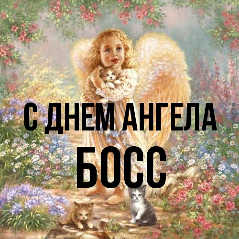Открытка на каждый день с именем, Босс С днем ангела держит котенка Прикольная открытка с пожеланием онлайн скачать бесплатно 