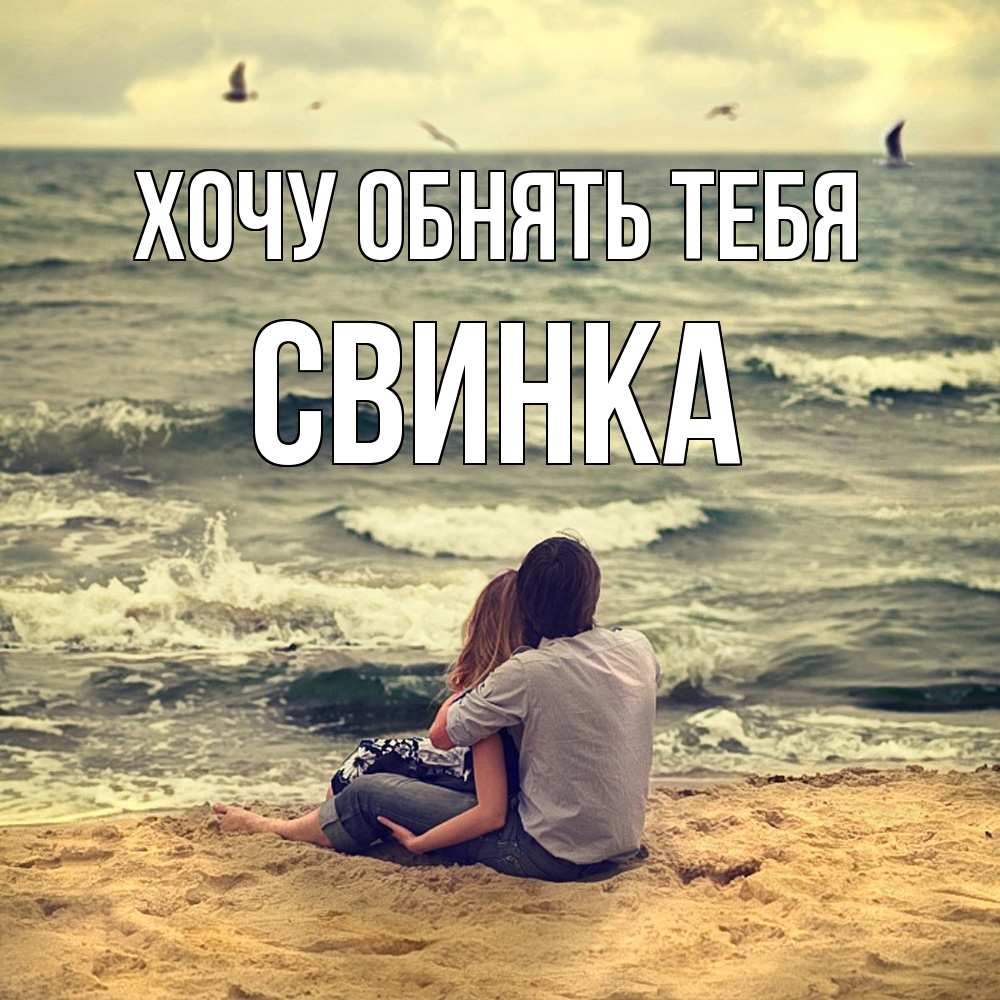 Открытка на каждый день с именем, Свинка Хочу обнять тебя возлюбленные на песочке Прикольная открытка с пожеланием онлайн скачать бесплатно 