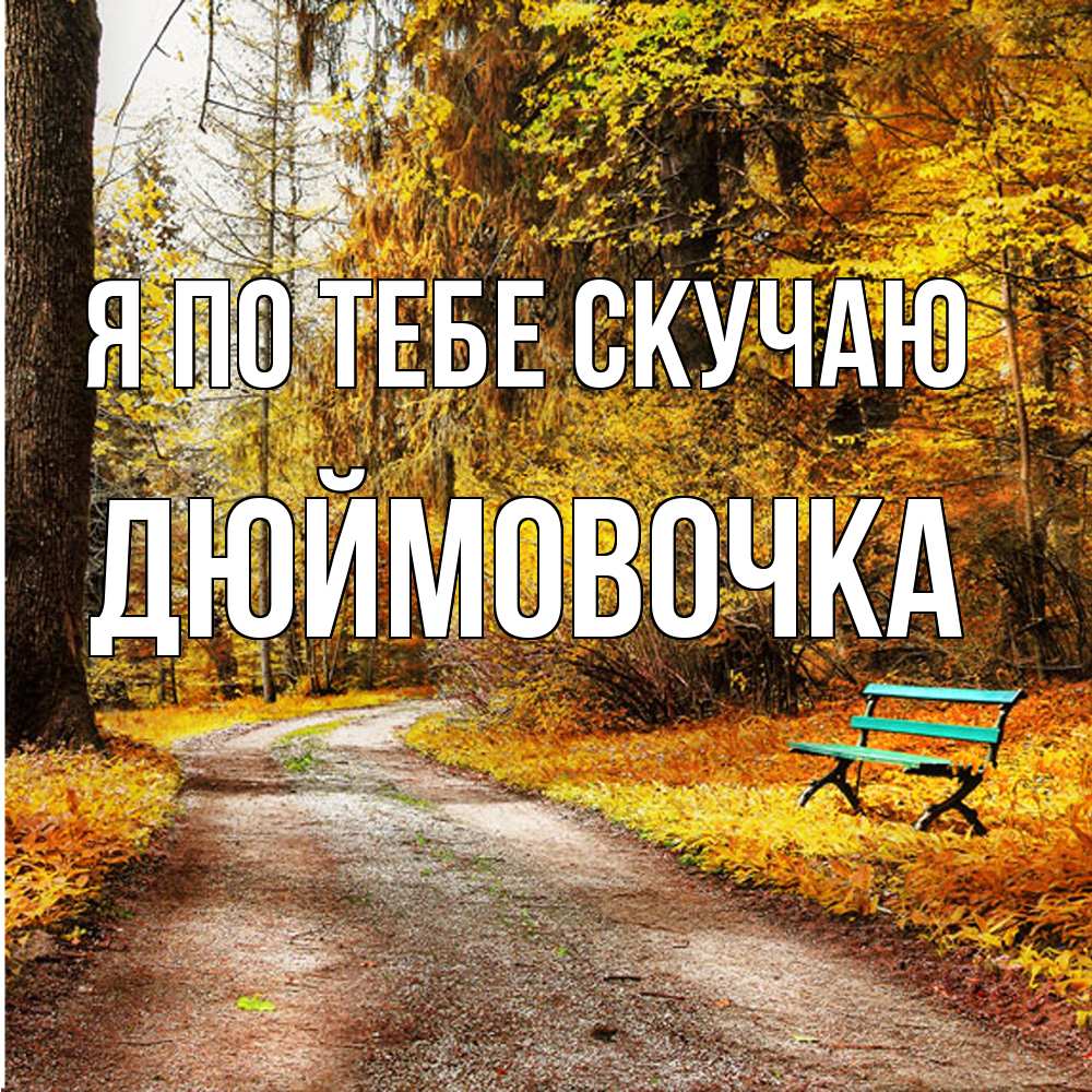 Открытка на каждый день с именем, Дюймовочка Я по тебе скучаю зеленая лавочка и осенний лес Прикольная открытка с пожеланием онлайн скачать бесплатно 