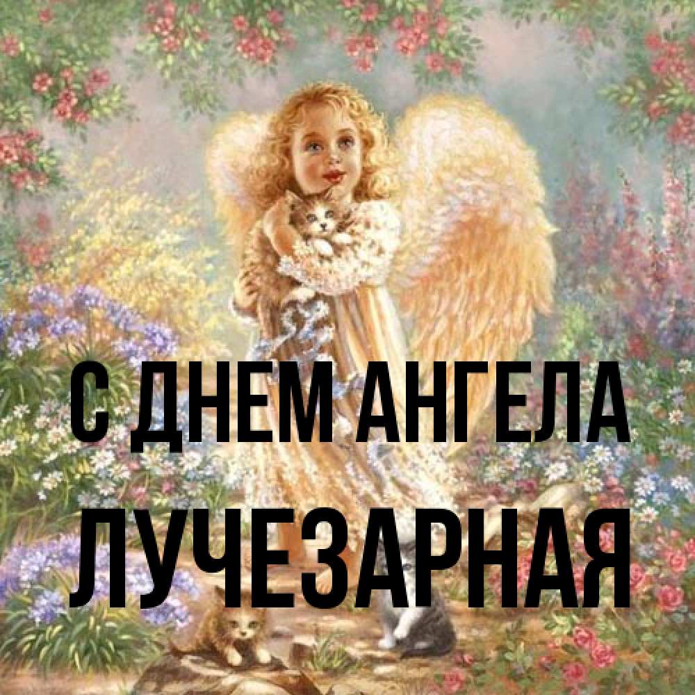 Открытка на каждый день с именем, лучезарная С днем ангела держит котенка Прикольная открытка с пожеланием онлайн скачать бесплатно 