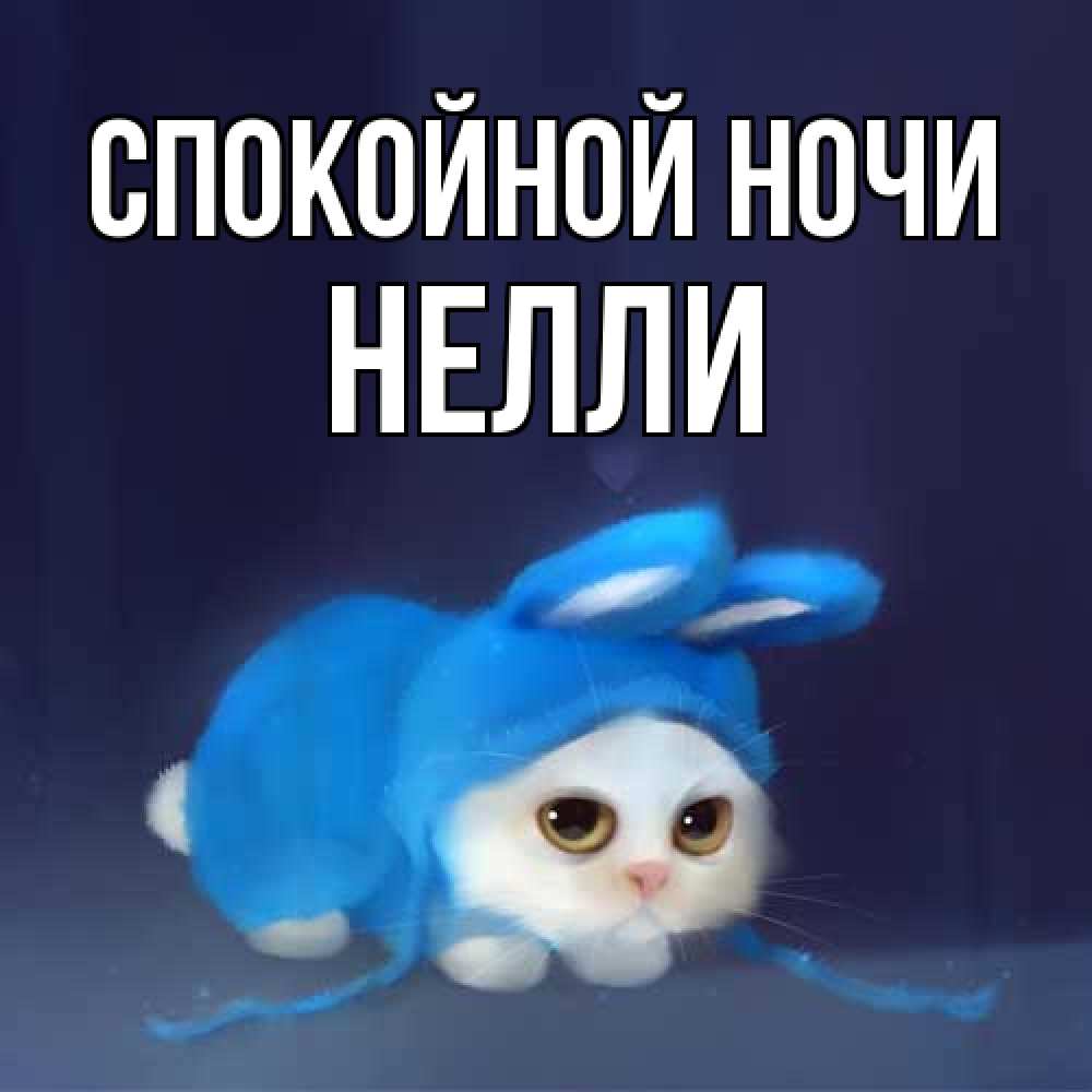 Открытка на каждый день с именем, Нелли Спокойной ночи кот в голубом костюме кролика с ушками Прикольная открытка с пожеланием онлайн скачать бесплатно 