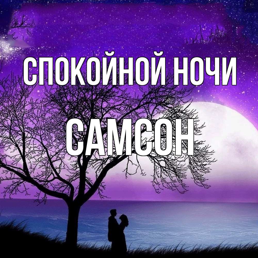 Открытка на каждый день с именем, Самсон Спокойной ночи огромная луна и парочка Прикольная открытка с пожеланием онлайн скачать бесплатно 